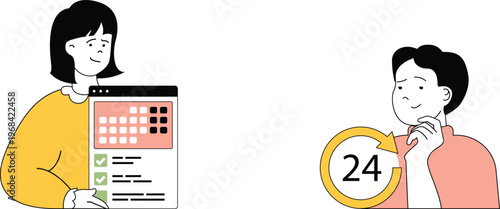 A person shows another a checklist with a 24-hour clock symbol indicating time management or deadline awareness