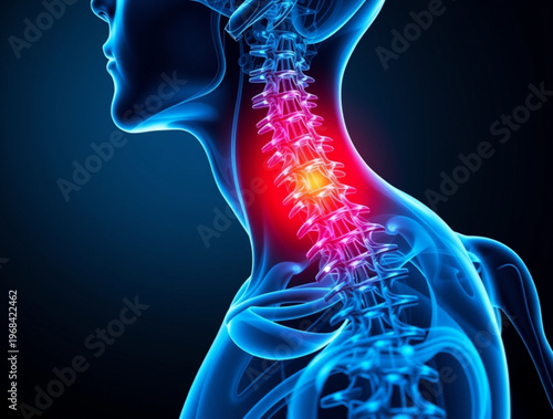 A medical illustration of a human neck and spine with a highlighted area of pain or inflammation.