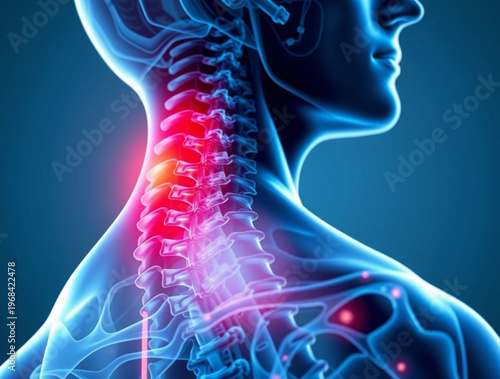 A medical illustration of a human neck and spine with highlighted areas of pain and inflammation