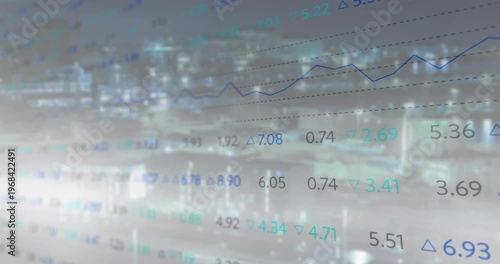 Financial overlay updating on live feed, shifting numbers and chart climbing over blurred skyline