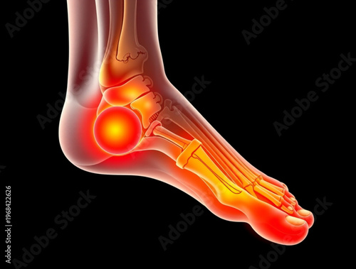 A medical illustration of a human foot with highlighted pain areas in the heel and ankle.