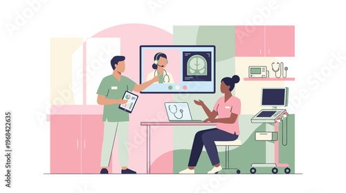 Two dedicated medical professionals in a modern clinic collaborate with a remote specialist via video conference to analyze a detailed brain scan on a large screen.