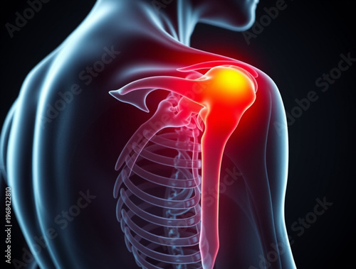 A medical illustration of a human shoulder with a highlighted painful area