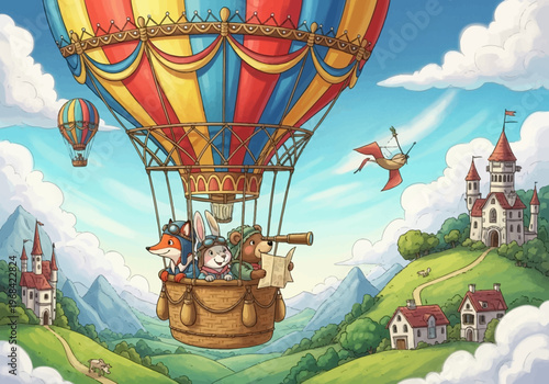 Whimsical Illustration of a Fox, Rabbit, and Bear in a Hot Air Balloon Flying Over a Fantasy Landscape with Castles