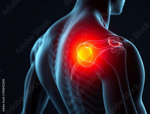A digital illustration of a human body with a highlighted painful shoulder joint and glowing red spot indicating inflammation or injury