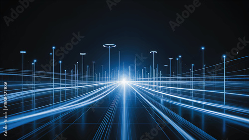 Digital Highway: Abstract illustration of an illuminated thoroughfare stretching into the digital expanse, lines and lights merging to create a futuristic network and conveying a sense of progress.