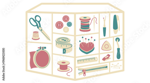 A charming collection of essential sewing and haberdashery tools is neatly organized inside a whimsical house-shaped display shelf against a clean white background.