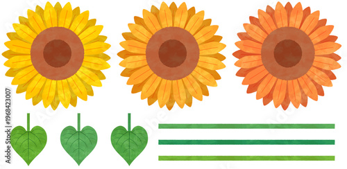 ひまわりと葉・装飾ラインの素材セット 夏の見出し・バナー用植物イラスト
