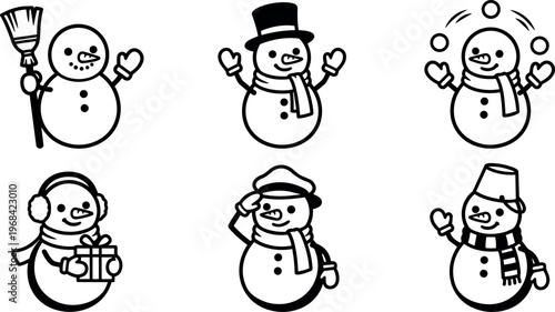 Line art snowman collection in black and white vector illustrations