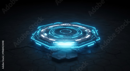 A glowing blue futuristic interface activates on a dark surface with a central light source.