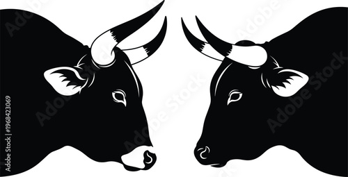 Bull head silhouette vector, strong cattle illustration, black and white farm animal design, aggressive livestock symbol, ranch branding, powerful horned bull graphic