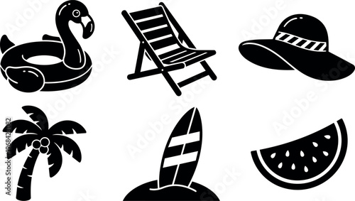 Summer vector icons set with flamingo float deck chair sun hat palm tree surfboard watermelon slice