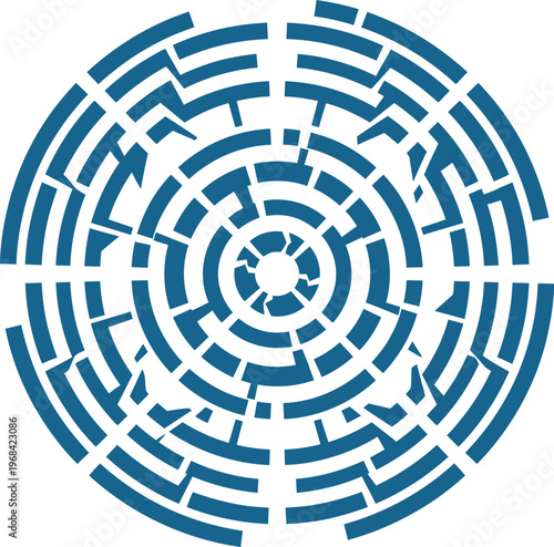Minimalist solid vector fragmented circle system with broken circular segments arranged symmetrically representing fragile ecosystems and environmental instability in geometric design