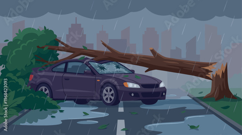 Amidst a gloomy urban rainstorm, a massive, freshly snapped tree trunk violently crashed down upon the roof and shattered the windshield of a dark purple sports car parked on a heavily flooded street