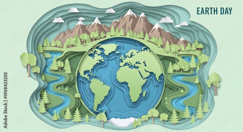 Fototapeta premium Stylized world map with green landscapes and environmental elements, representing global sustainability and conservation.