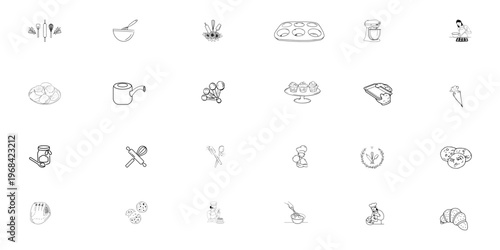 Bakery and Baking Tool Icon Set – Minimalist Hand-Drawn Doodles of Kitchen Utensils, Pastries, and Chef Illustrations