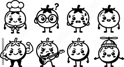 Vector line art eight tomato characters with chef hat guitar and expressive poses