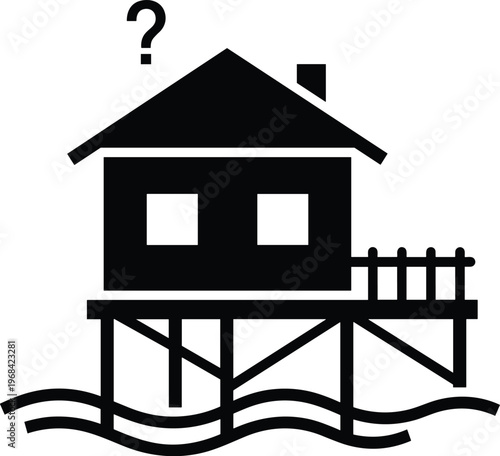 House on stilts over water silhouette with question mark, mystery home concept, flood risk icon, coastal living, minimal vector illustration