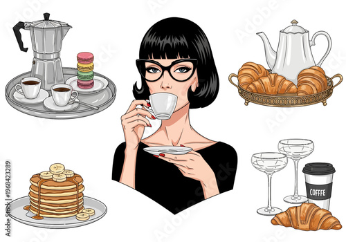 Elegant Pop Art Illustration of a Stylish Woman Drinking Coffee with a Set of Breakfast Pastries and Espresso