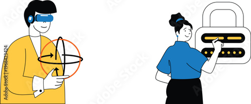 Person using virtual reality headset interacting with digital interface while another accesses secure server lock