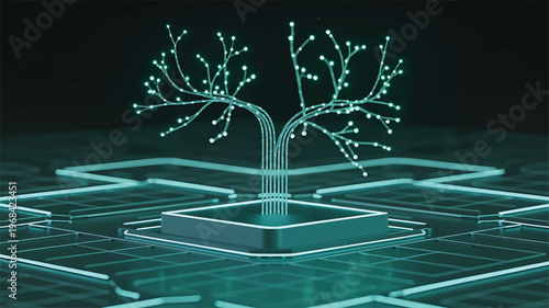 Digital Tree: A captivating digital depiction of a tree, its branches and roots formed by intricate circuits and glowing nodes, representing the fusion of technology and nature.