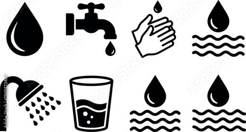 Water icons with faucet and hands washing under shower