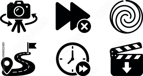 Vector line icons set camera tripod fast forward spiral road flag clock clapperboard
