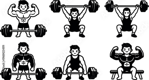 Vector art muscular weightlifter line art with six poses