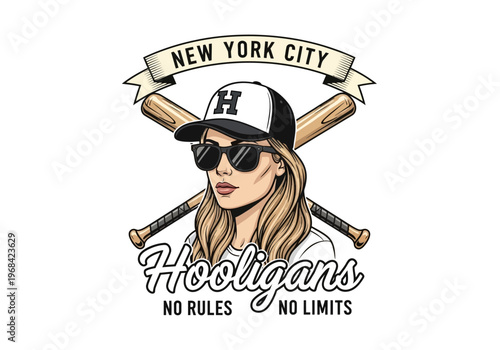 New York City Hooligans Vintage Streetwear Emblem: Woman with Sunglasses, Baseball Cap and Crossed Bats Graphic Design