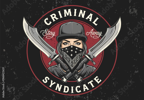 Vintage Street Gang Criminal Syndicate Emblem with Bandit Woman in Bandana and Crossed Machetes on Gritty Background