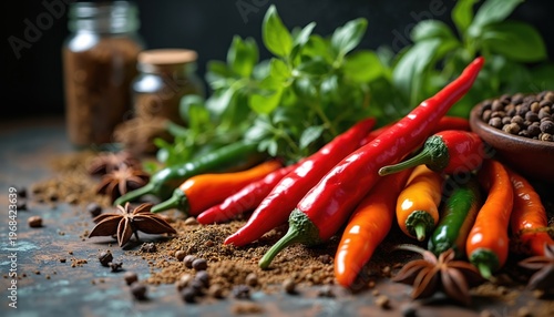 Fresh chili peppers red green orange arranged with star anise seeds and ground spices on dark surface. Variety of peppers ready for cooking dishes in kitchen.