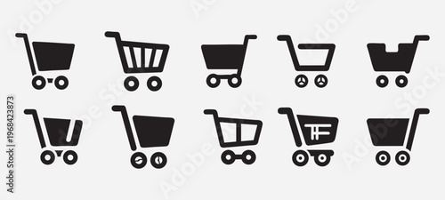 Set of Ten Black Shopping Cart Icons on White Background Keywords: shopping cart, trolley, cart, shopping, retail, commerce, sale, buy, purchase