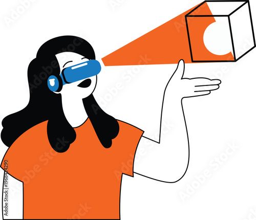 Person wearing virtual reality headset interacting with a floating orange cube in augmented reality environment