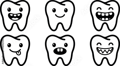 Six happy cartoon teeth faces line art