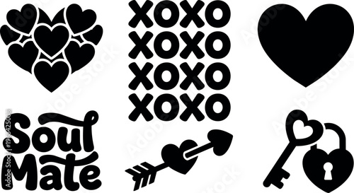 Vector art hearts and love icons set with xoxo text soul mate arrow and key shapes