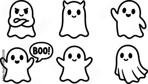 Line art ghost doodles with cartoon expressions and speech bubble