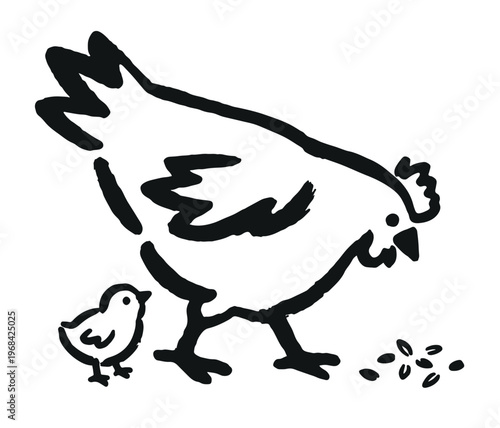 Stylized black line drawing of hen pecking seeds with chick nearby on beige background representing nurturing bird feeding scene