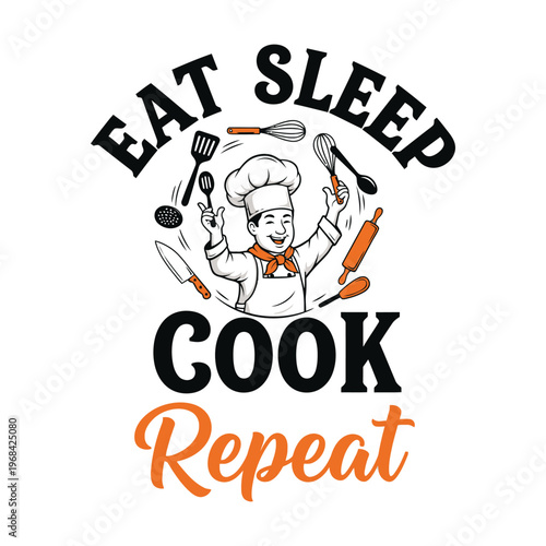 Chef cooking illustration with kitchen utensils and cookware tshirt design