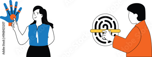 Two people demonstrating different futuristic technology interfaces for accessibility and precision targeting