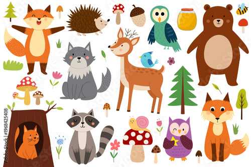 Cute woodland animals collection in doodle style. Funny hand drawn forest characters set in childish style. Squirrel, hedgehog, fox, bear and more. Great for apparel, stickers, prints. Vector illustra