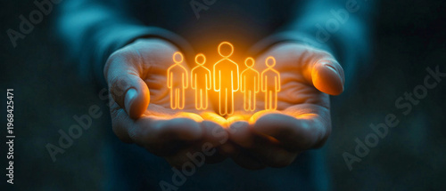 The palms hold glowing silhouettes of people, demonstrating care and creating a social backdrop for the team and human capital.