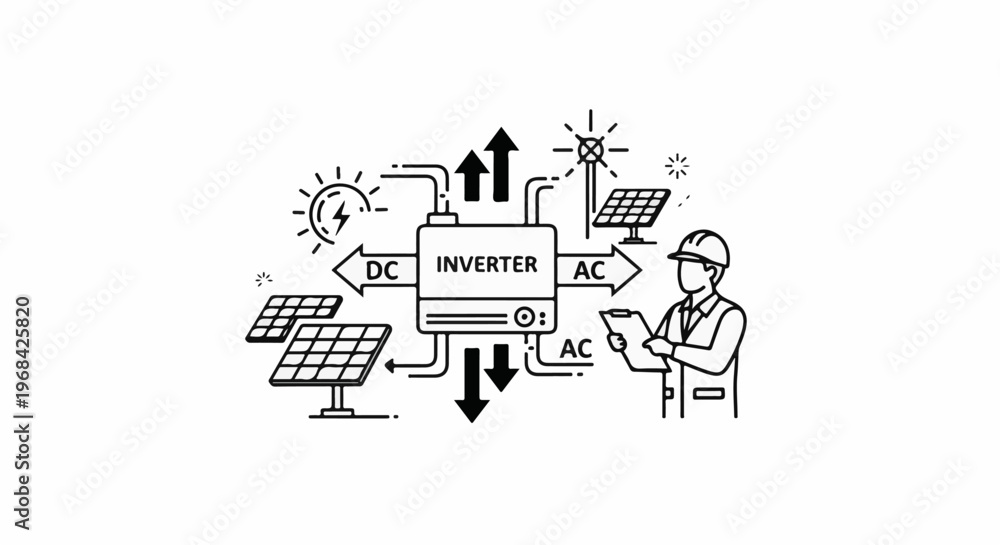 Naklejka premium Diagram of solar power conversion with an inverter and technician