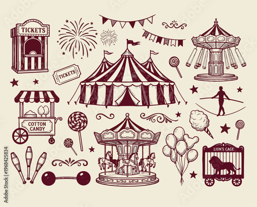 Vintage circus and carnival illustration with striped tent ticket booth cotton candy stand carousel swing ride lion’s cage juggling clubs barbell balloons lollipops tightrope walker fireworks and deco