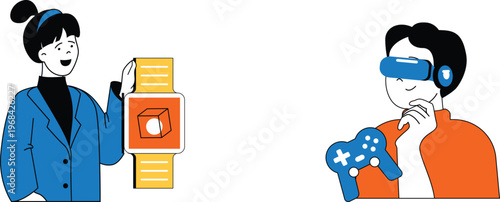 Two people engaging with modern technology through virtual reality and smartwatch app interaction