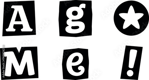 Bold letter collage vector with scattered glyphs and shapes