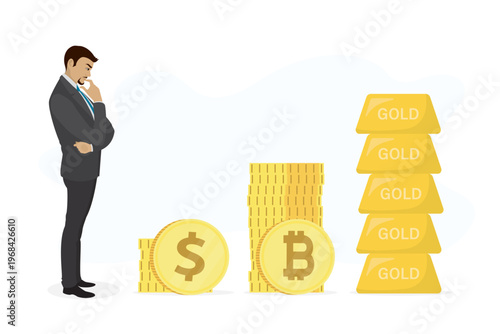 Thoughtful businessman analyzes his financial assets, choosing between stacks of dollar coins, bitcoin and gold bars to maximize his profit. precious metals for investments