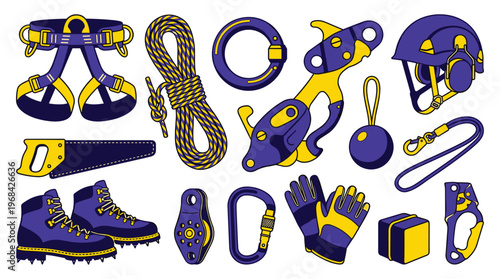A complete set of professional industrial climbing and arborist equipment, featuring a vibrant purple and yellow harness, rope, helmet, and carabiners, meticulously arranged.