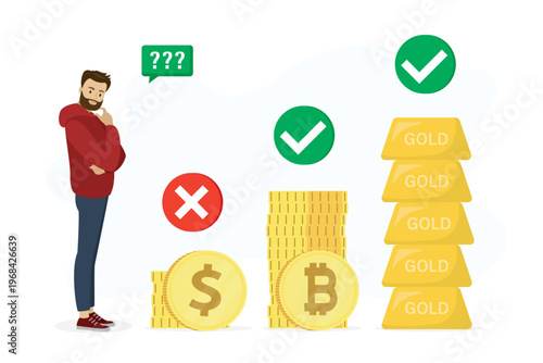 Smart man in red hoodie thoughtfully chooses his investment strategy, Prioritizing bitcoin and gold over traditional currency as shown by green checkmarks.