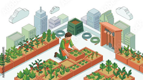 A detailed isometric pixel art illustration shows a dedicated gardener tending to vibrant vegetable patches in a serene rooftop urban farm amidst a bustling city skyline.