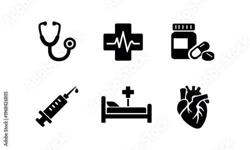 Medical icon set. stethoscope, heartbeat cross, medicine bottle and pills, syringe, hospital bed, anatomical heart. healthcare, clinic, emergency, pharmacy, treatment, cardiology. 